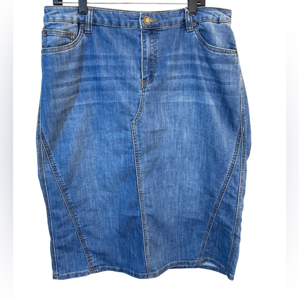 CJ Banks Denim Skirt - Classic Blue Wash Midi Pencil Skirt with Stretch Sz 14W
